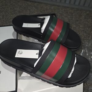 Gucci Black Slides with Signature Green and Red Web Stripe